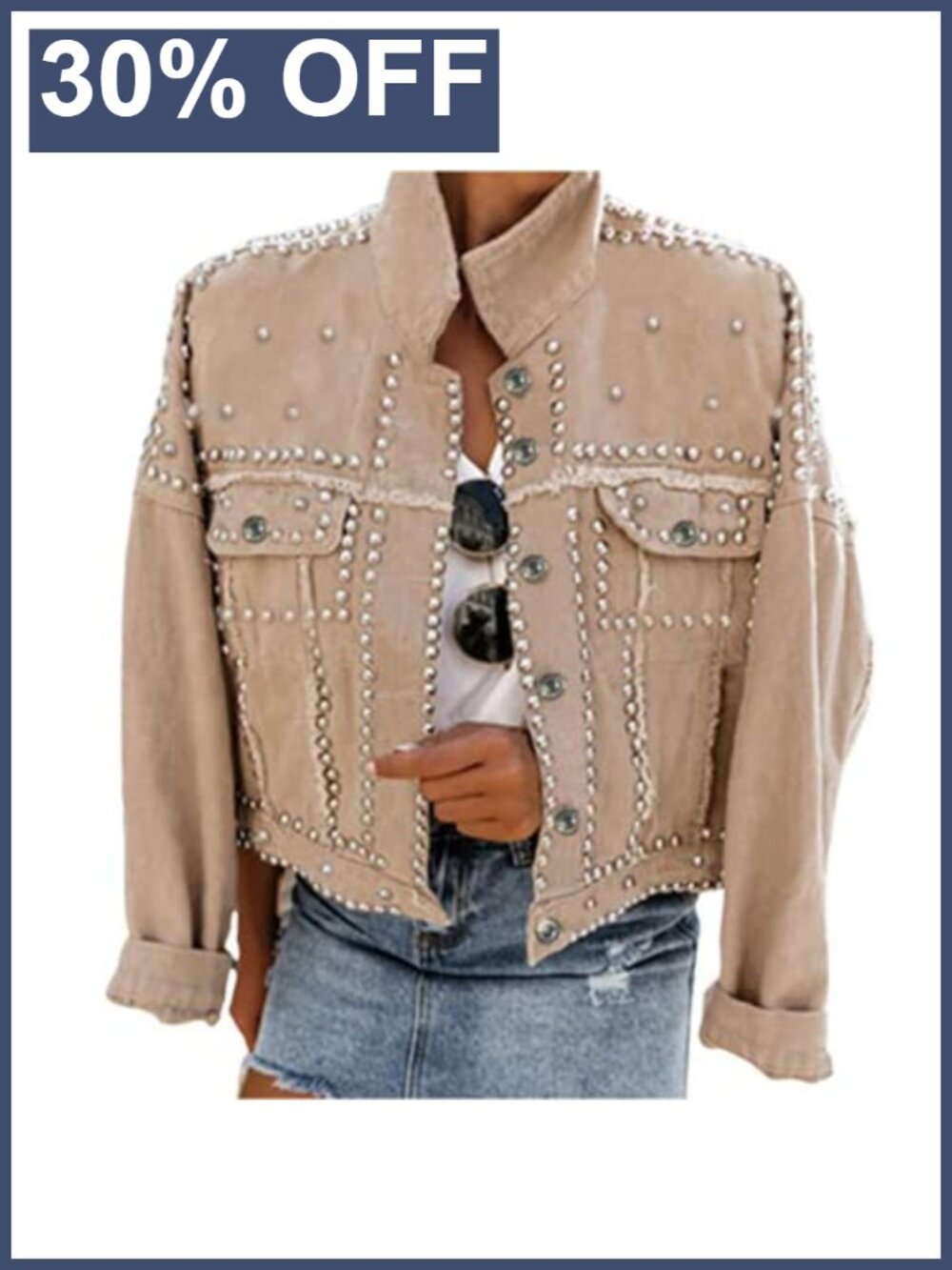 Studded Cropped Denim Jacket Distressed Western Button Jean Coat Loose Fit